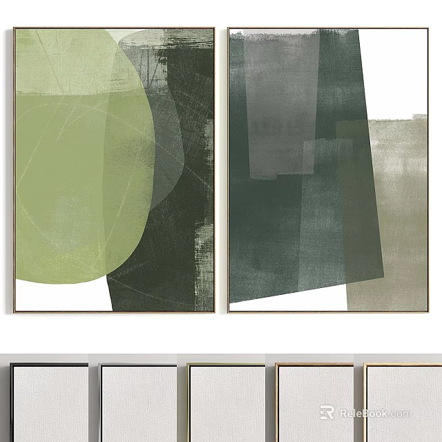 Modern Framed Abstract Wall Art With Green Gray And Beige Geometric Shapes 3d model 