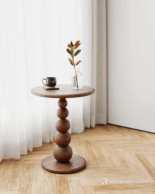 Round Wooden Side Table With Coffee Cup And Vase Near Curtains On Parquet Floor 3d model 
