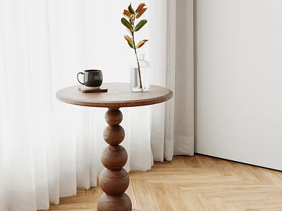 Round Wooden Side Table With Coffee Cup And Vase Near Curtains On Parquet Floor 3d model