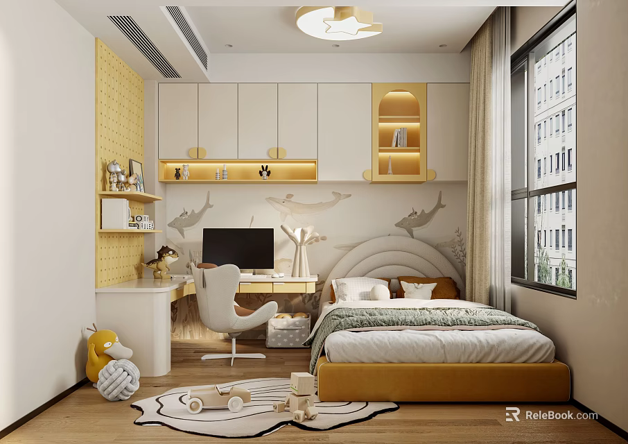 Cozy Modern Kids Room Interior Design With Whale Wall Art Bed Desk And Toys 3d model 