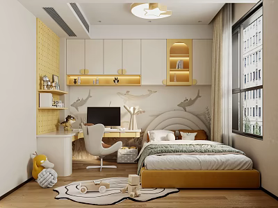 Cozy Modern Kids Room Interior Design With Whale Wall Art Bed Desk And Toys 3d model