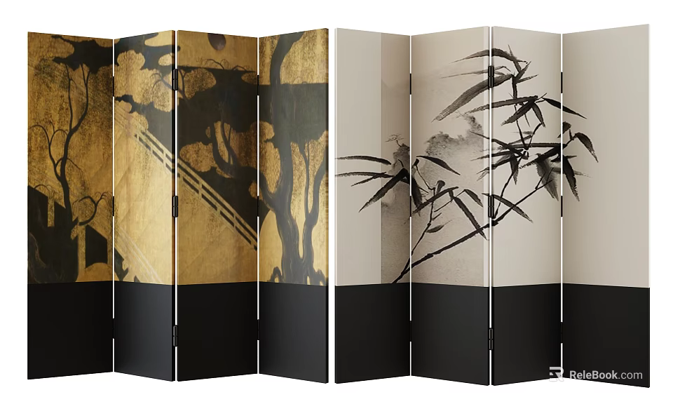 Traditional Folding Screen With Bamboo Pattern Gold And Black Color Room Divider 3d model 
