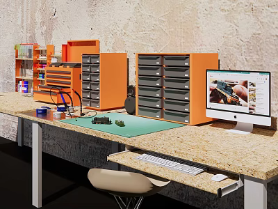 Functional Home Office Desk With Orange Drawer Cabinets Computer Monitor And Stone Worktop 3d model