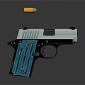 Blue Grip Silver Barrel Pistol With Flying Bullet In Mid Air Design