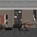 Modern Office Interior With Brown Sofa Bookshelf Wooden Desk Office Chairs And Potted Plant