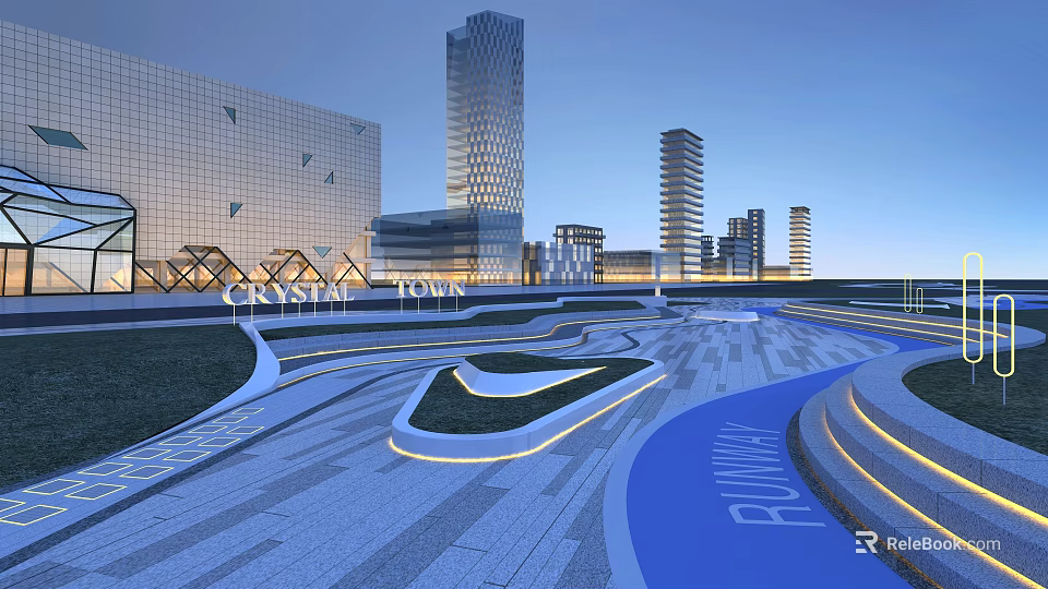Modern Urban Plaza Landscape With Night Lighting Curved Paving And Tall Glass Buildings 3d model 