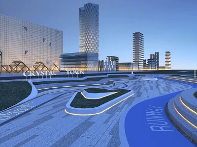 Modern Urban Plaza Landscape With Night Lighting Curved Paving And Tall Glass Buildings 3d model