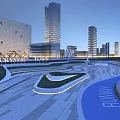 Modern Urban Plaza Landscape With Night Lighting Curved Paving And Tall Glass Buildings