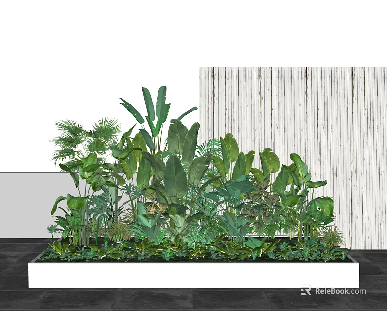 Lush Green Tropical Plants in White Rectangular Planter with Wooden Wall 3d model 