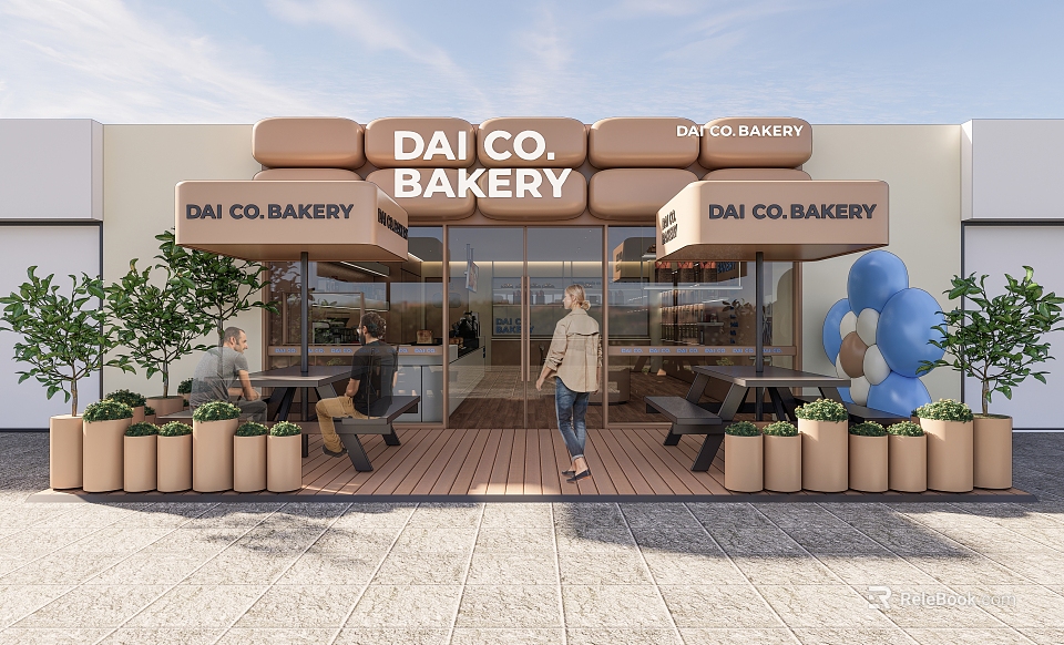 DAI CO Bakery Exterior With Outdoor Seating Potted Plants Wooden Structure And Glass Doors 3d model 