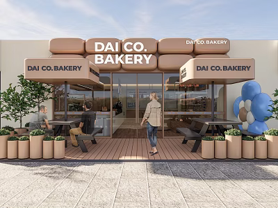 DAI CO Bakery Exterior With Outdoor Seating Potted Plants Wooden Structure And Glass Doors 3d model