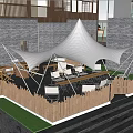 Outdoor Restaurant Seating Area With Trees Umbrella Stone Steps And Greenery