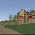 Wooden Detached Villa With Gabled Roof Wooden Balcony Lawn Trees And Driveway