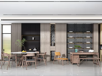 Modern Dining Living Room Interior With Wooden Table Chairs Cabinets And Plants 3d model
