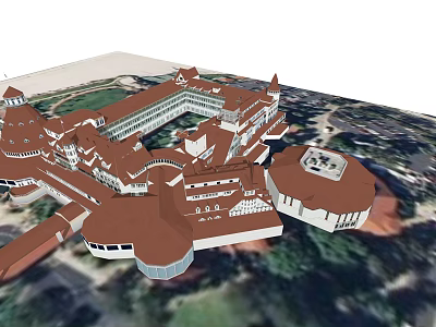 Ancient Architecture Complex Featuring Traditional Design Red Roofs And Courtyard Green Spaces 3d model