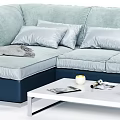 Light Blue Sectional Sofa with Dark Blue Accents Gray Pillows Throw Blanket and Coffee Table