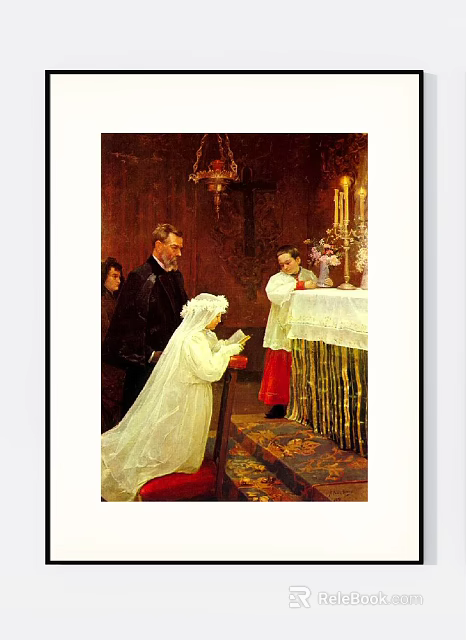Portrait Painting of Praying Bride in White Gown with Black Man Red Clergyman and Candles 3d model 