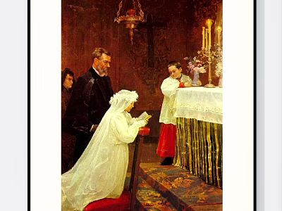 Portrait Painting of Praying Bride in White Gown with Black Man Red Clergyman and Candles 3d model