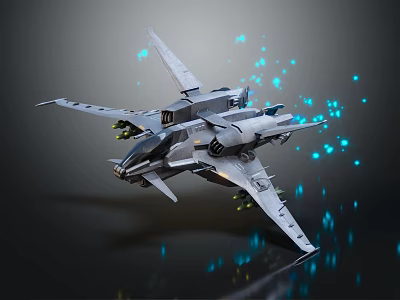 Gray Fighter Jet With Multiple Wings Weaponry And Blue Light Spots On Dark Reflective Background 3d model