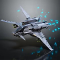 Gray Fighter Jet With Multiple Wings Weaponry And Blue Light Spots On Dark Reflective Background
