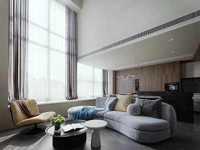 Modern Living Dining Room Interior Design With Large Windows Grey Sofa And Decorative Pillows 3d model