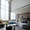 Modern Living Dining Room Interior Design With Large Windows Grey Sofa And Decorative Pillows