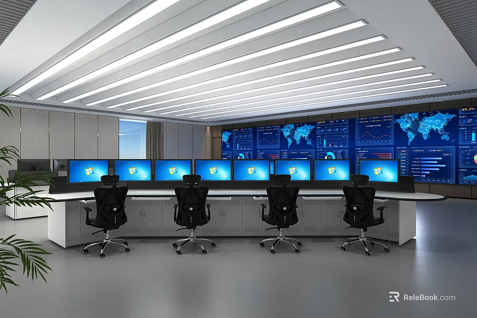 Monitoring Room Interior With Multiple Monitor Screens Control Desk And Office Chairs 3d model 