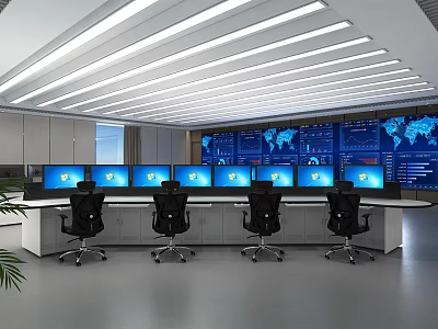 Monitoring Room Interior With Multiple Monitor Screens Control Desk And Office Chairs 3d model