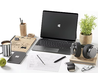 Modern Workspace Setup With Laptop Headphones Coffee Mug Apple And Office Supplies 3d model
