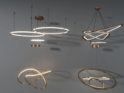 Modern Chandeliers with Circular Curved Metal Frames and Illuminated Light Strips in Sleek Stylish Design 3d model