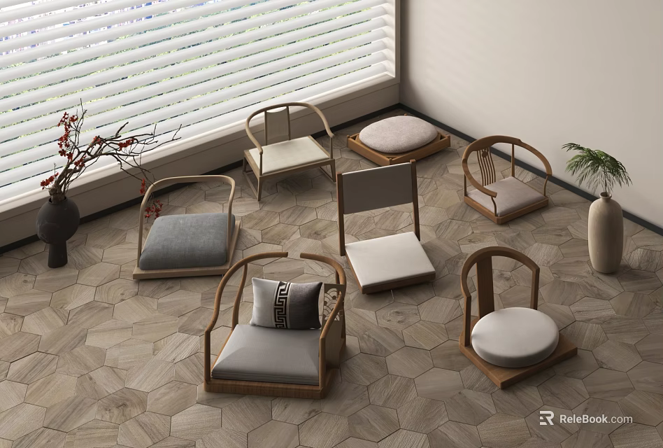 Natural Tea Table with Wooden Frame Chairs Neutral Cushions Hexagonal Tile Floor by Window 3d model 