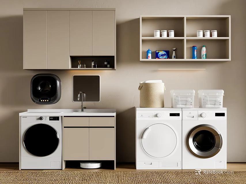 Modern Laundry Room With Washing Machines Cabinets Shelves Sink And Storage Baskets 3d model 
