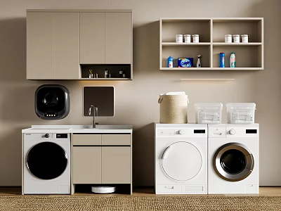 Modern Laundry Room With Washing Machines Cabinets Shelves Sink And Storage Baskets 3d model