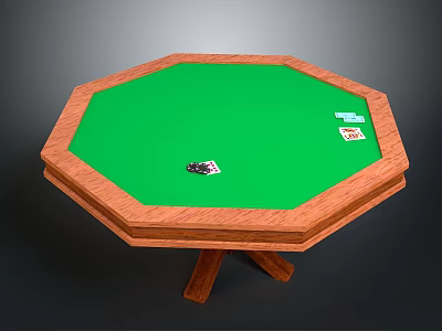 Octagonal Wooden Poker Table With Green Felt Top And Playing Cards Chips 3d model