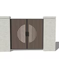 Modern Entrance Gate With Brown Slats Circular Design And Gray Pillars
