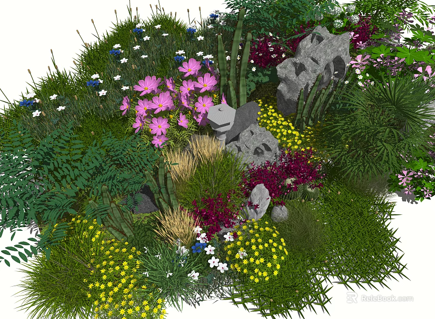Lush Diverse Flower Garden With Pink Purple Yellow Blooms Green Ferns And Stones 3d model 
