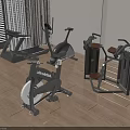 Home Gym Sports Equipment Including Stationary Bike Elliptical Trainer And Strength Machines On Wooden Floor With Window Curtains