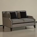Double Sofa With Striped Pattern Two Black Cushions And Dark Wooden Legs 3d model