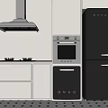 Modern Kitchen Appliances Featuring Smeg Range Hood Gas Stove Oven Dishwasher And Refrigerator