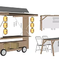Wooden Functional Cart With Yellow Lanterns Wheels And Foldable Table Chairs