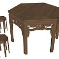 Traditional Chinese Hexagonal Wooden Dining Table With Ornate Carvings And Matching Stools