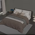 Cozy Double Bed With Brown Comforter Multiple Pillows Nightstand And Window Curtains 3d model