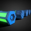 Futuristic 3D Geometric Objects With Neon Green Glowing Parts Arranged In Row