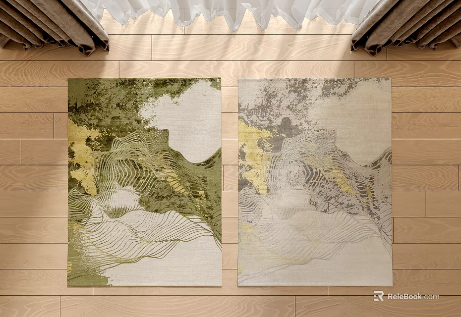 Two Square Rugs With Abstract Artistic Patterns On Wooden Floor 3d model