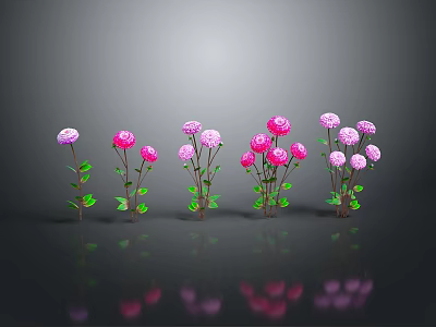 Neatly Arranged Pink And Purple Flowers With Green Stems Leaves On Gray Background With Reflections 3d model