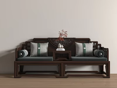 Traditional Chinese Wooden Luohan Bed With Green Cushions Small Table And Flower Decoration 3d model