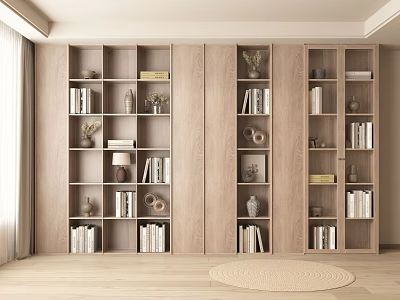 Natural Style Wooden Bookcase In Home Interior With Books Decorative Items Vases And Open Compartments 3d model