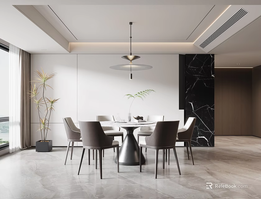 Modern Restaurant Interior Featuring Round Dining Table Gray Chairs Pendant Light Marble Wall And Plant 3d model 