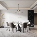 Modern Restaurant Interior Featuring Round Dining Table Gray Chairs Pendant Light Marble Wall And Plant
