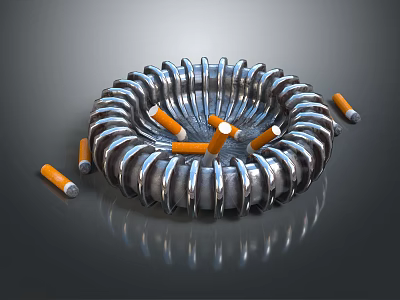 Shiny Metallic Round Ashtray With Cigarette Butts And Scattered Pieces On Dark Background 3d model